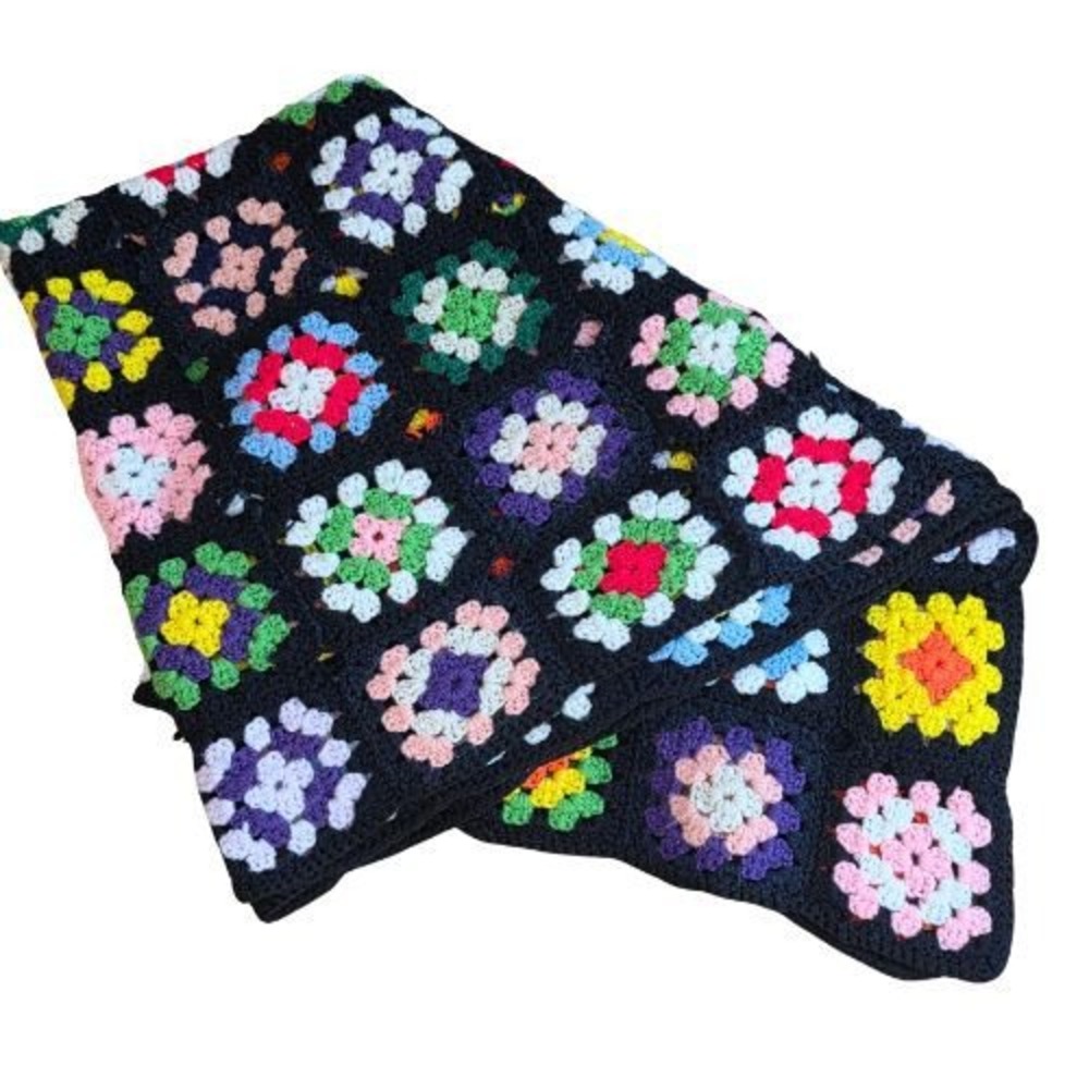 Handmade‎ Crochet Granny Square Afghan Blanket Multicolor Black Vintage 42x63